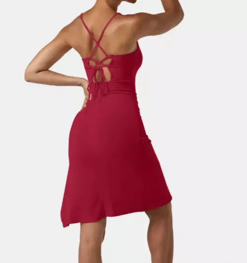 Halara Size Medium Red Bodycon Side Slit Dress, Lace Up Back, Ribbed