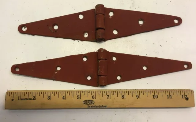 2 Vintage 13'' Farm Barn Door Gate Hand Forged Strap Hinges Great Red Patina