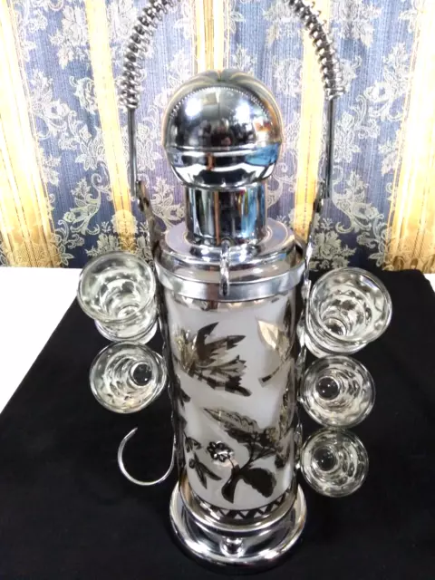 Glass Decanter Pump W/Rack Shot Glasses Frosted Bird Flower Design United Metal