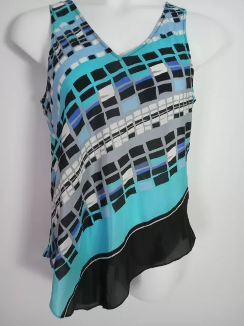 NIC + ZOE Women's Medium Blue Black Silk Geometric Tank Top Tunic V-Neck