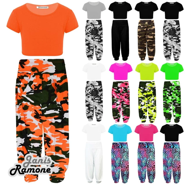 Girls Kids Neon Crop Top Army Camo Print Alibaba Leggings 2 Pcs Co-ord Dance Set