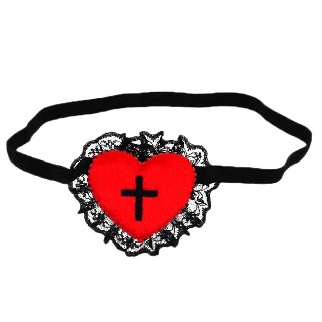 Parche en los ojos gótico para niñas corazón rojo cruz negra para mujeres con disfraces Halloween _x
