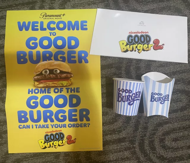 2023 SDCC GOOD BURGER 2 Cardboard Chef Hat, Poster, Cup, And Fry Box