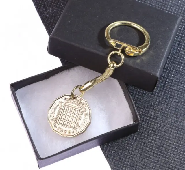 1959 65th Birthday - Retirement Gift Brass Threepence Keyring