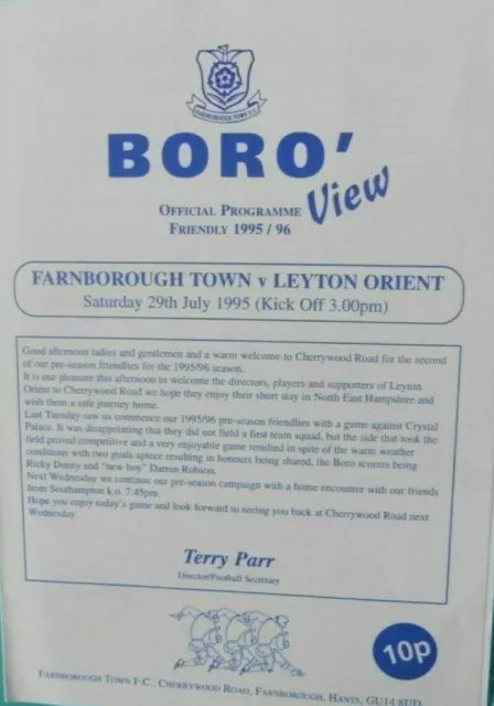 Farnborough Town V Leyton Orient 29/7/1995 Friendly Football Programme