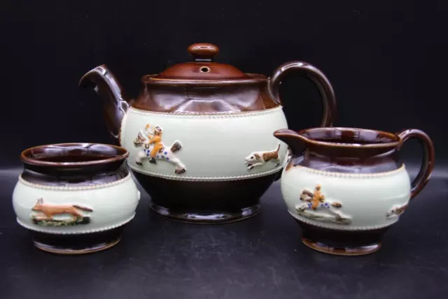 Vintage 1940s Bourne Denby "Fox Hunt Tally Ho" Teapot, Sugar & Creamer Set