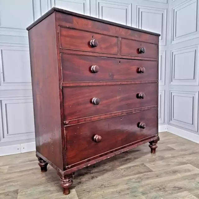 Antique Victorian Chest Of 5 Drawers / Commode - Flamed Mahogany Veneer