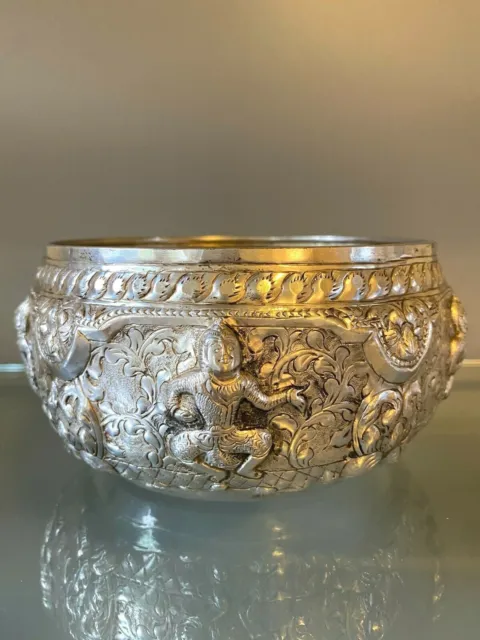 Vintage Sterling Silver Repousse Thai Burmese Buddhist Offering Bowl - DC silver