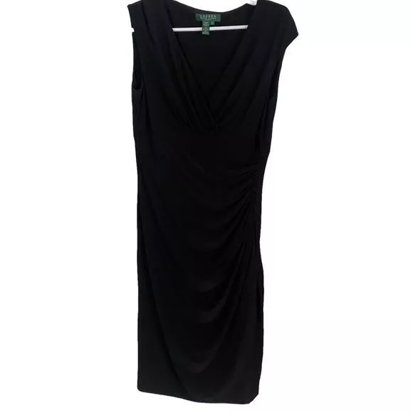 LAUREN RALPH LAUREN Dress Women's Black V Neck Short Sleeve Side Ruched ...