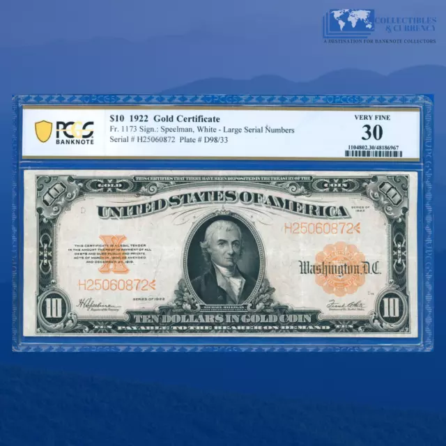 Fr.1173 1922 $10 Dollars Gold Certificate "HILLEGAS NOTE",PCGS 30 #60872