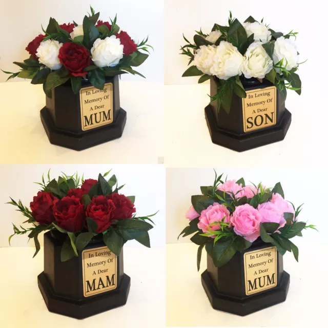 Grave Vase & Roses, Gold Plaque, Red/White/Pink, Crem Pot Flower Funeral Tribute