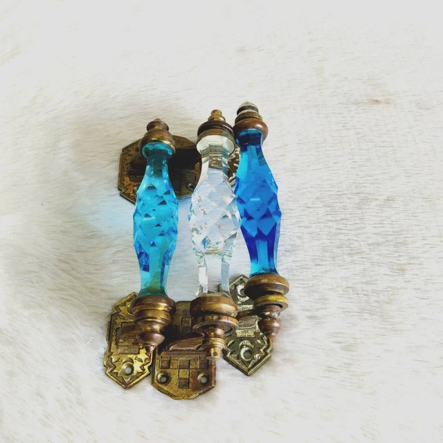19c Vintage Original Old Brass Aqua Blue Clear Cut Glass Victorian Door Handle 3