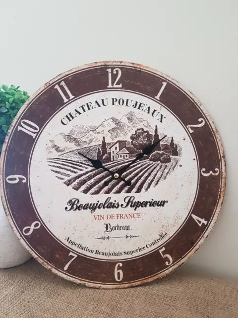 Rustic Brown Chateau Poujeaux French Country Round Wall Clock 34Cm