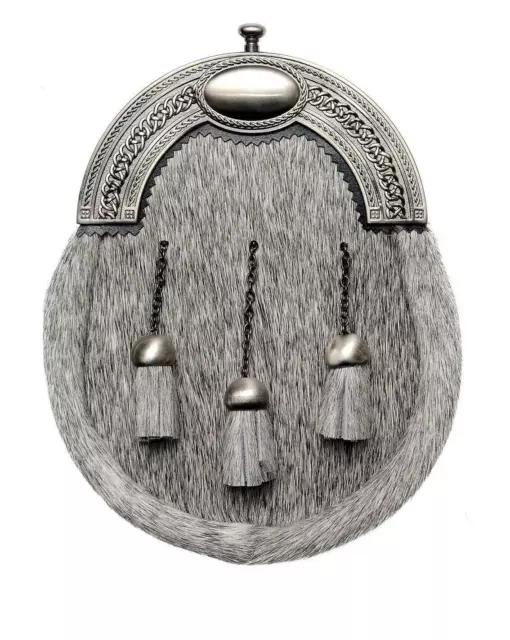 Stunning Grey Bovine Full Dress Sporran Traditional Oval Celtic Design Cantle