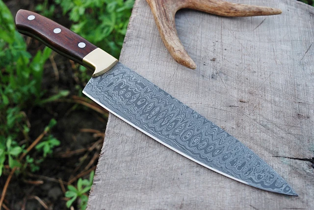 Hand Forged Damascus Steel Chef Knife& Brass Guard W/Frost Wood Handle 1195