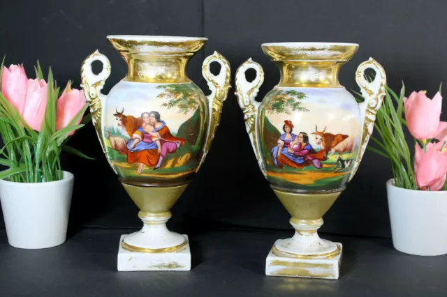 antique pair vieux paris porcelain Vases hand paint romantic scene animals