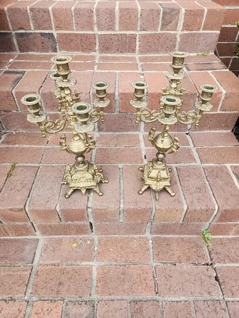 Pair Of Vintage Brevettato Brass Baroque Style Candelabra 5 Candles 17"