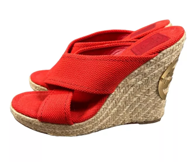 Tory Burch Espadrilles Red Canvas Platform Wedge Heel Sandals Womens Shoes Sz 8M