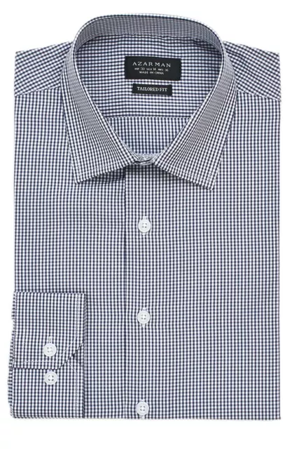 New Mens Dress Shirt Plaid Black Tailored Slim Fit Wrinkle Free Cotton AZAR MAN