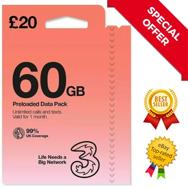 60GB Data Three sim card Pay As You Go With Unlimited Mins & Texts Preloaded Sim