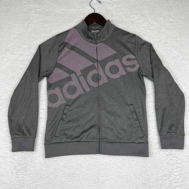 Adidas Jacket Girls XL Gray Pink Full Zip Mock Neck Active Youth Stretch Pockets