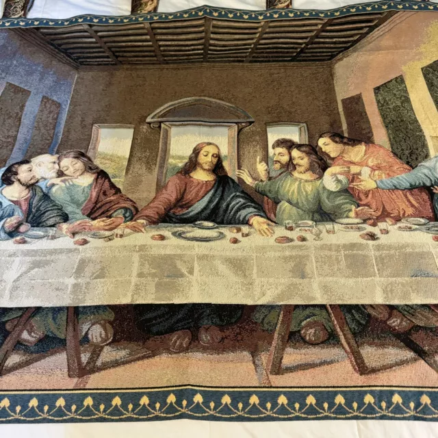 The Last Supper Of Jesus & Disciples Vintage Woven Tapestry Wall Hanging 28x54”