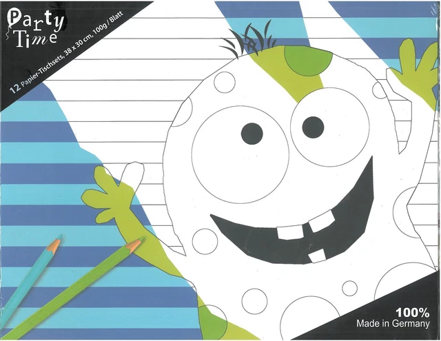 12 x Party Time Papier-Tischsets 38x30cm zum Ausmalen Manni Monster zum ausmalen