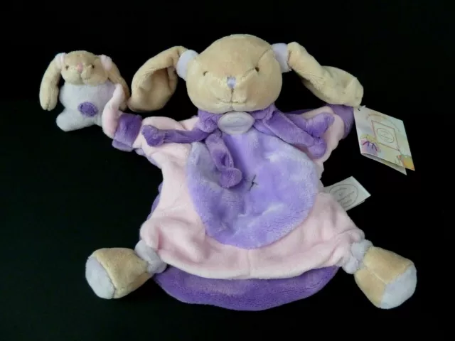 X99 - Doudou Et Compagnie Marionnette Lapin Myrtille Mauve Rose Avec Bebe Neuf