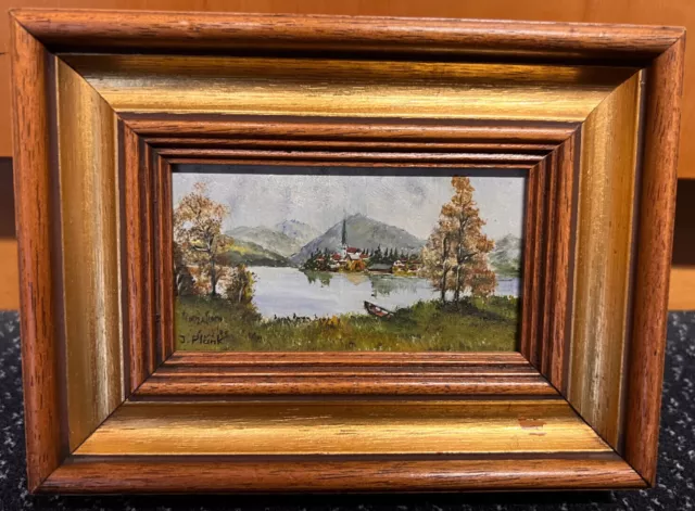 Ölgemälde Egern am Tegernsee Landschaft Kirche Holzrahmen mit Goldl 18,5x13,5