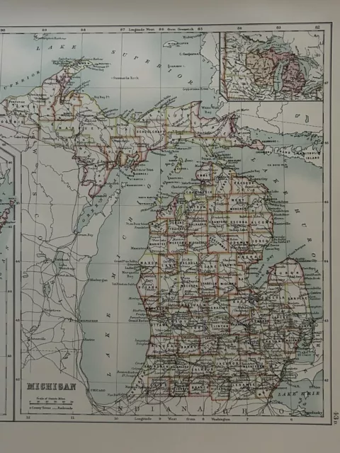 1897 Wisconsin & Michigan Original Antique Map by A & C Black 3