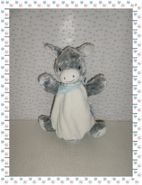 ꕤ - Doudou Plat Marionnette Ane Regliss Les Amis Gris Blanc Bandana Bleu Kaloo