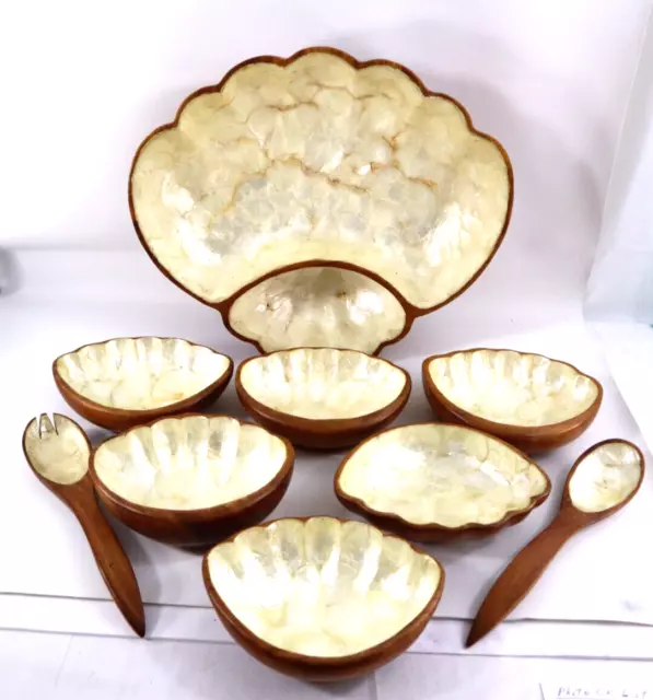 Vintage Lawson's Monkey Pod Wood Capiz Shell Lined Shell Shaped Serving Set