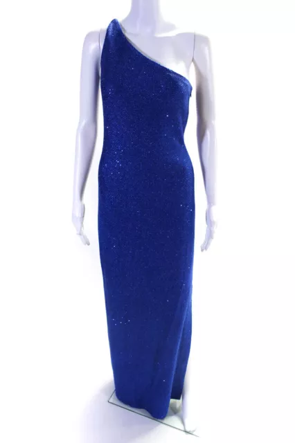 St. John Womens Zip Up Side Slit One Shoulder Metallic Knit Gown Blue Size 4