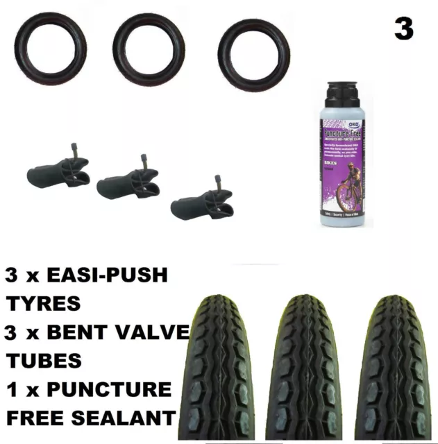 3x Out n About Nipper PRAM TYRES 12 1/2" x 2 1/4 + Bent tubes + Puncture Sealant