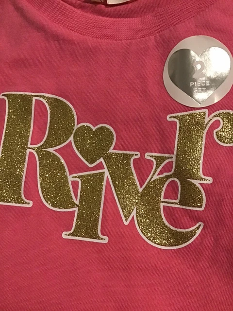 Set pantaloncini con logo River Island mini ragazze età 3-4 anni rosa glitter fronzoli nuovi con etichette 5