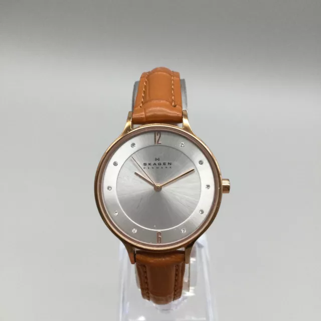 Skagen Anita Watch Women 30mm Rose Gold Tone Brown Leather Band New Battery 2