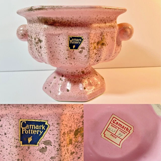 VINTAGE CAMARK POTTERY Pink with Gold Specs Vase/Urn/Planter Labels