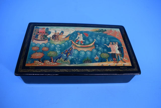 [7498] Alte Russische Lackdose Lackschatulle Schmuckdose Pillendose handbemalt
