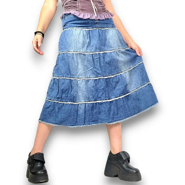 Gonna di jeans a strati Y2K midi svasata Prarie vintage con volant Jean...