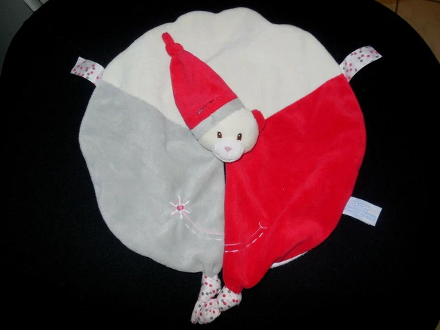 doudou plat rond ours blanc gris rouge brodé fleur GIPSY