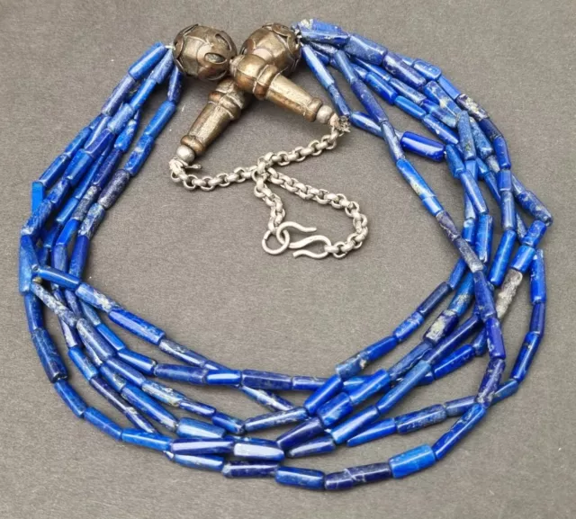 Lapis Lazuli Afghan 925 silver & copper gemstone multi strand tube bead necklace