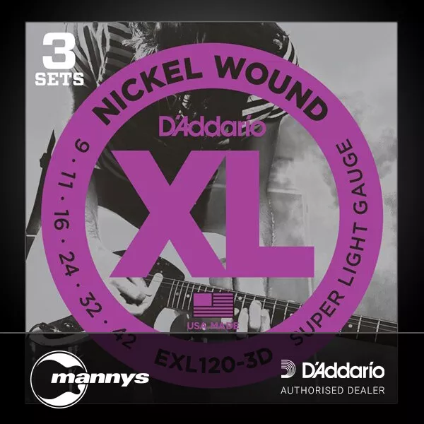 D'Addario EXL120-3D Nickel Wound Electric Guitar Strings 3-PACK - Super Light (9