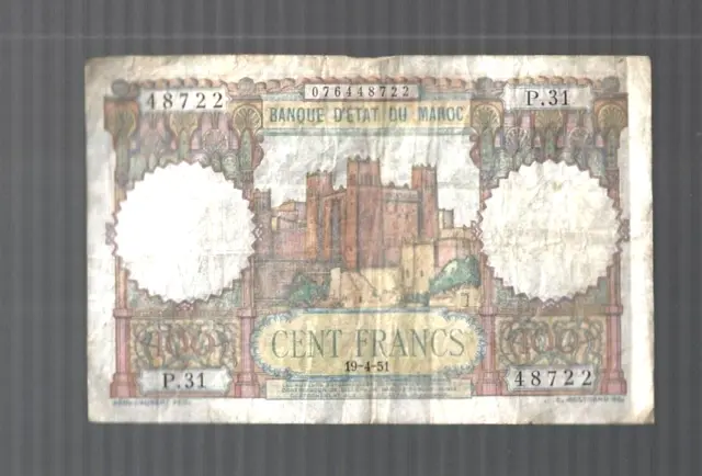 Morocco ✨ 1951 BANQUE D'ETAT DU MAROC ... 100 francs ✨ lot #1838