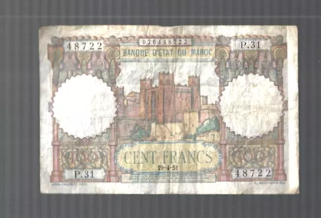 Morocco ✨ 1951 BANQUE D'ETAT DU MAROC ... 100 francs ✨ lot #1838