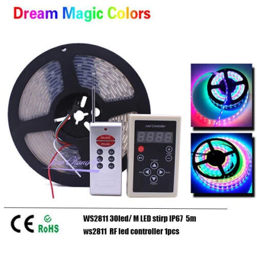 5M Waterproof WS2811 IC 5050RGB Dream Color LED Strip – 30LED/M, DC12V, Black PCB, IP67, 300 LEDs Total