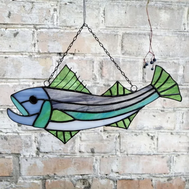 Large Striped Bass Stained Glass Fish Suncatcher - Fishing Window Hanging Panel