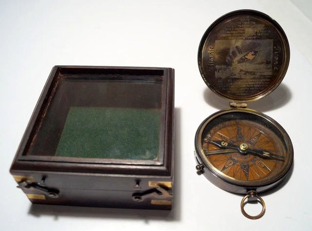 Nautical Antique Brass Vintage Sundial Pocket Compass With Rosewood Wooden Box