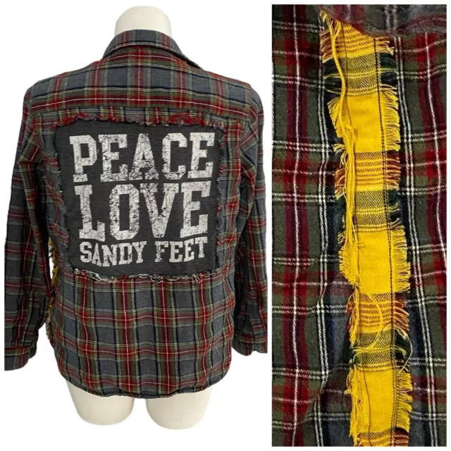 Upcycled Flannel Shirt Womens XL Peace Love Beach Gray Plaid Country Grunge Camp