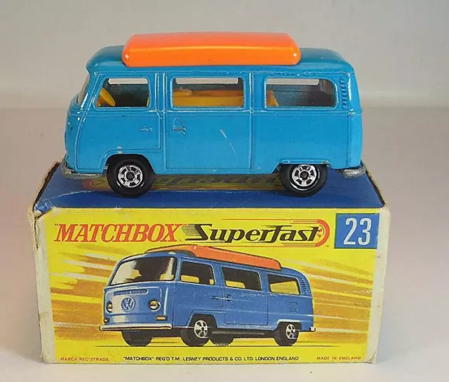 Matchbox Superfast Nr. 23 VW Volkswagen T2 Camper blau schmale Räder H-Box #1585