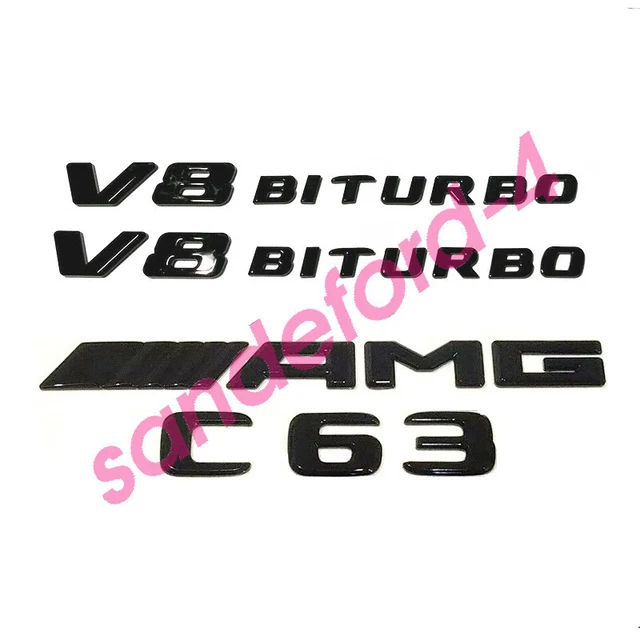 C63 + AMG + V8 BITURBO GLOSSY BLACK Emblem Badge for Mercedes Benz C63 NEW 2017